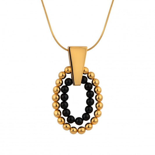 colar pinpoint dourado Carmo Joalheiros pendente oval de pequenas bolas douradas e contas pretas em corrente fina