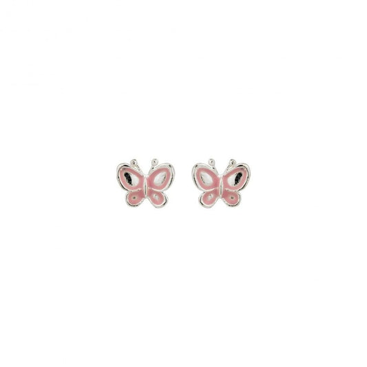 Carmo Joalheiros brincos borboleta infantil em prata com esmalte rosa, brincos de pino pequenos e delicados para criança