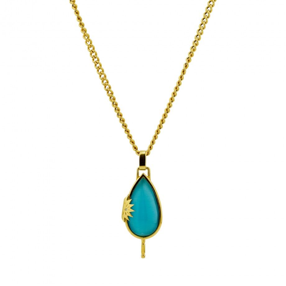 colar pedra azul Topazio 1874 pendente gota com pedra turquesa e correntinha dourada, detalhe sol