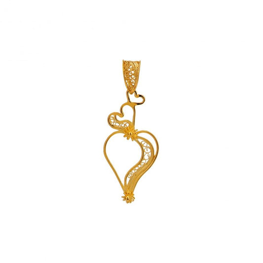 Carmo Joalheiros pendente filigrana dourado em forma de coração com detalhes florais e correntinha