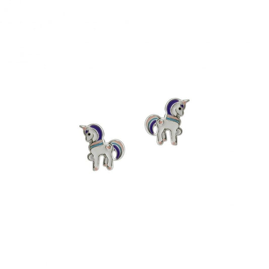 brincos de unicórnio infantil em prata e esmalte multicolor com detalhes roxo e rosa pequeno par da Carmo Joalheiros