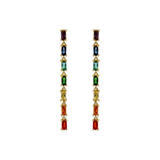 brincos coloridos femininos longos em ouro com fileira de pedras retangulares multicoloridas design elegante Carmo Joalheiros