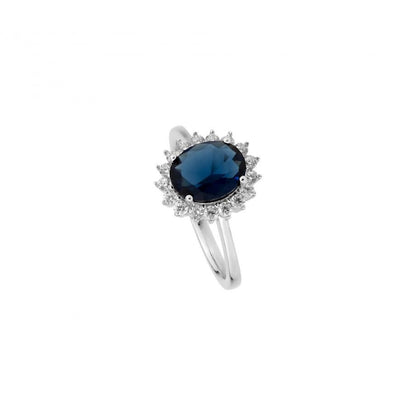 anel diana inspiração princesa Topázio 1874 com safira oval azul e halo de diamantes