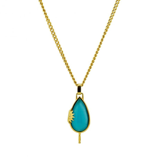 colar pedra azul Topazio 1874 pendente gota com pedra turquesa e correntinha dourada, detalhe sol