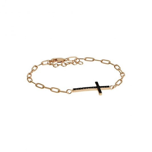 pulseira cruz dourada masculina Topázio 1874 com corrente de elos e cruz lateral cravejada com pedras pretas