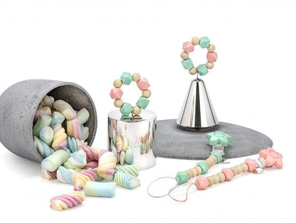 corrente de chupeta personalizada Topázio 1874 em silicone com contas pastéis rosa e verde e clip seguro